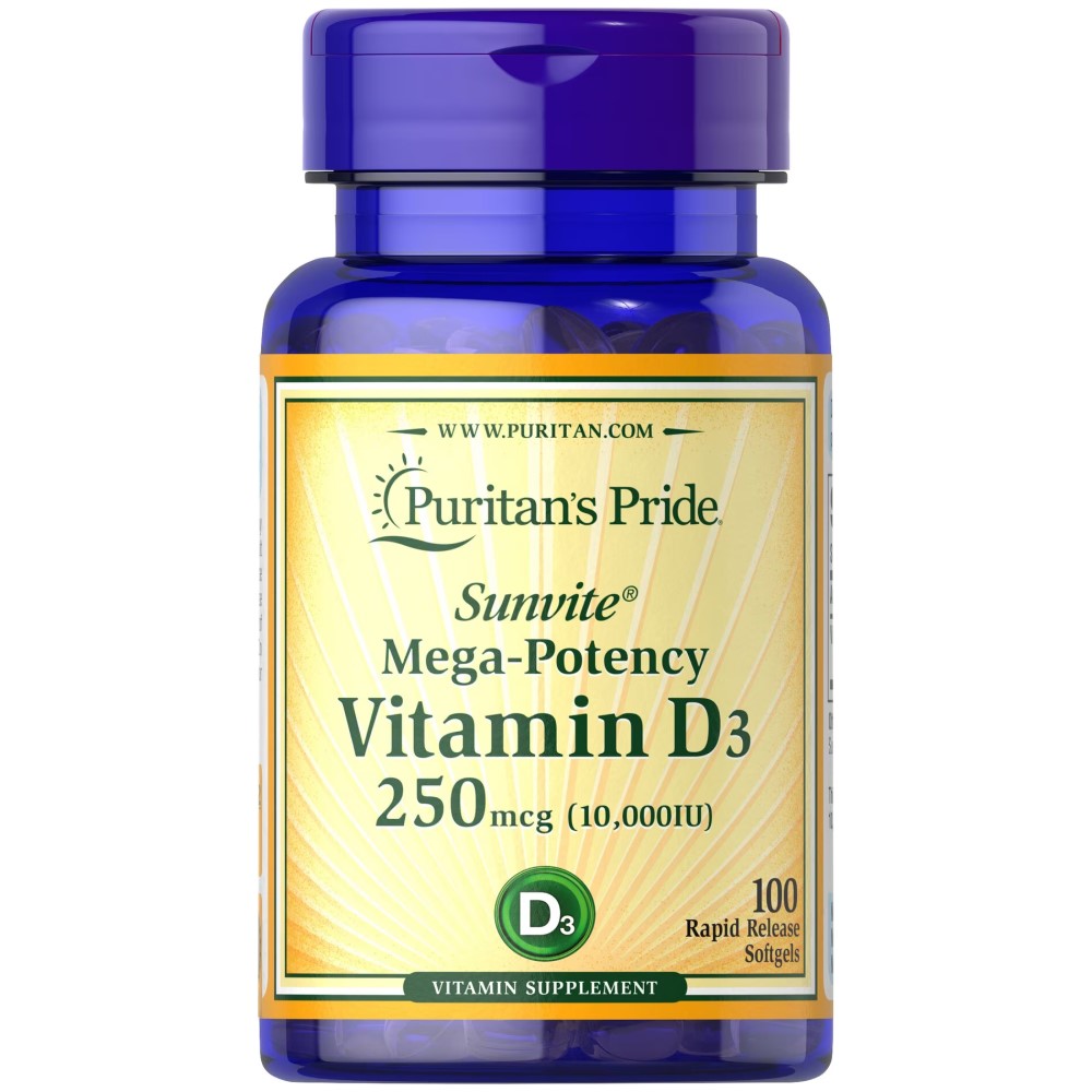 Puritan's Pride Sunvite® Mega-Potency Vitamin D3 10000IU - 100 Softgels Puritan's Pride Sunvite® Mega-Potency Vitamin D3 10000IU - 100 Softgels